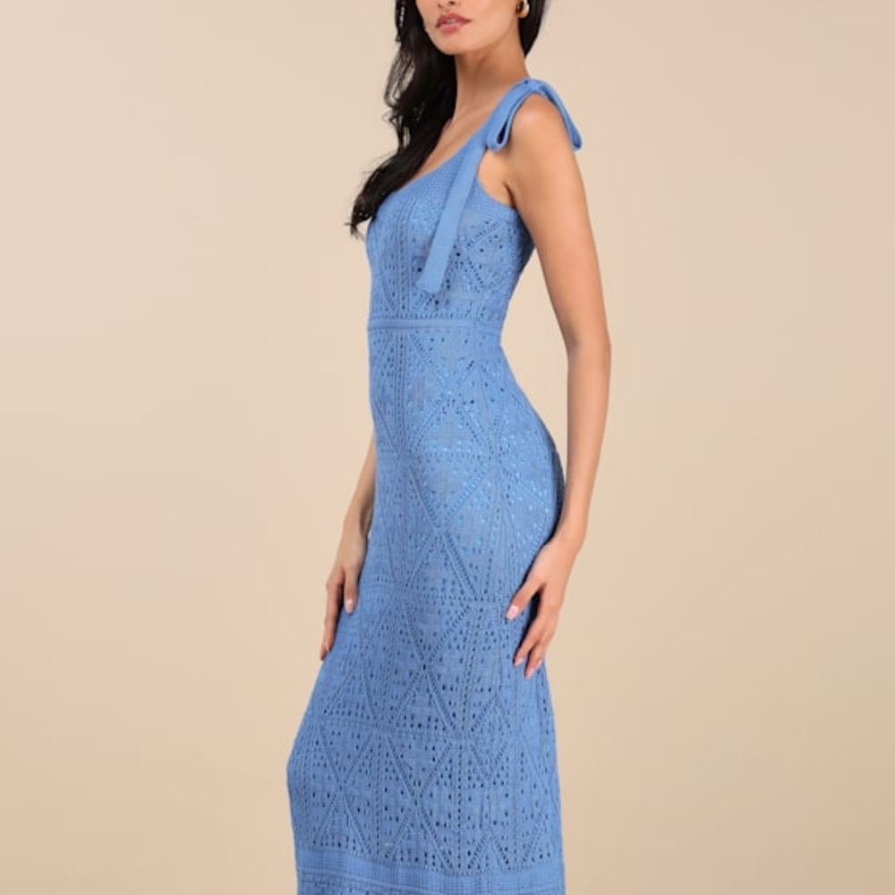Lulu's Sky-Blue Crochet Tie-Shoulder Midi Dress